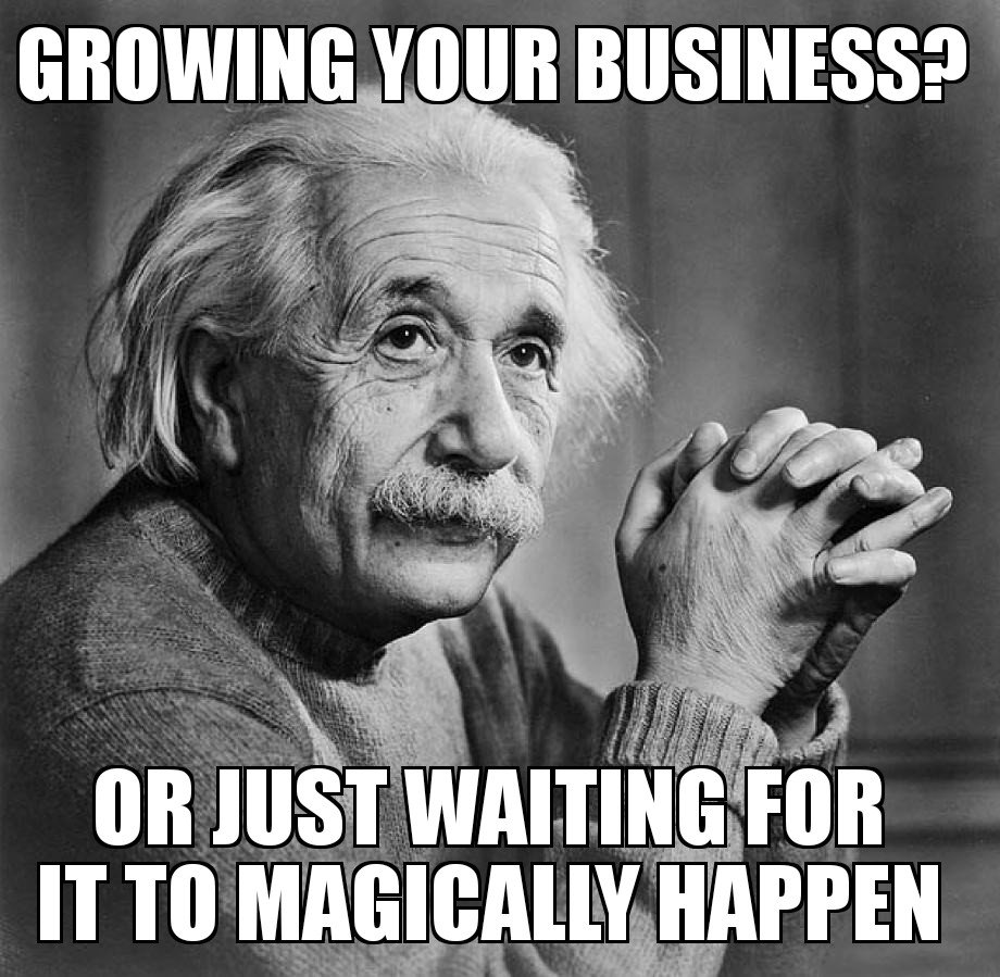 It shows a picture of Albert Einstein and a meme with it related to business growth