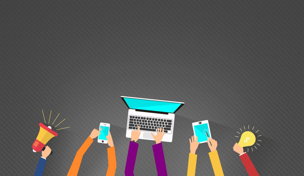 5 hands are showing different forms or modes of digital marketing like phone, tablet, laptop etc  