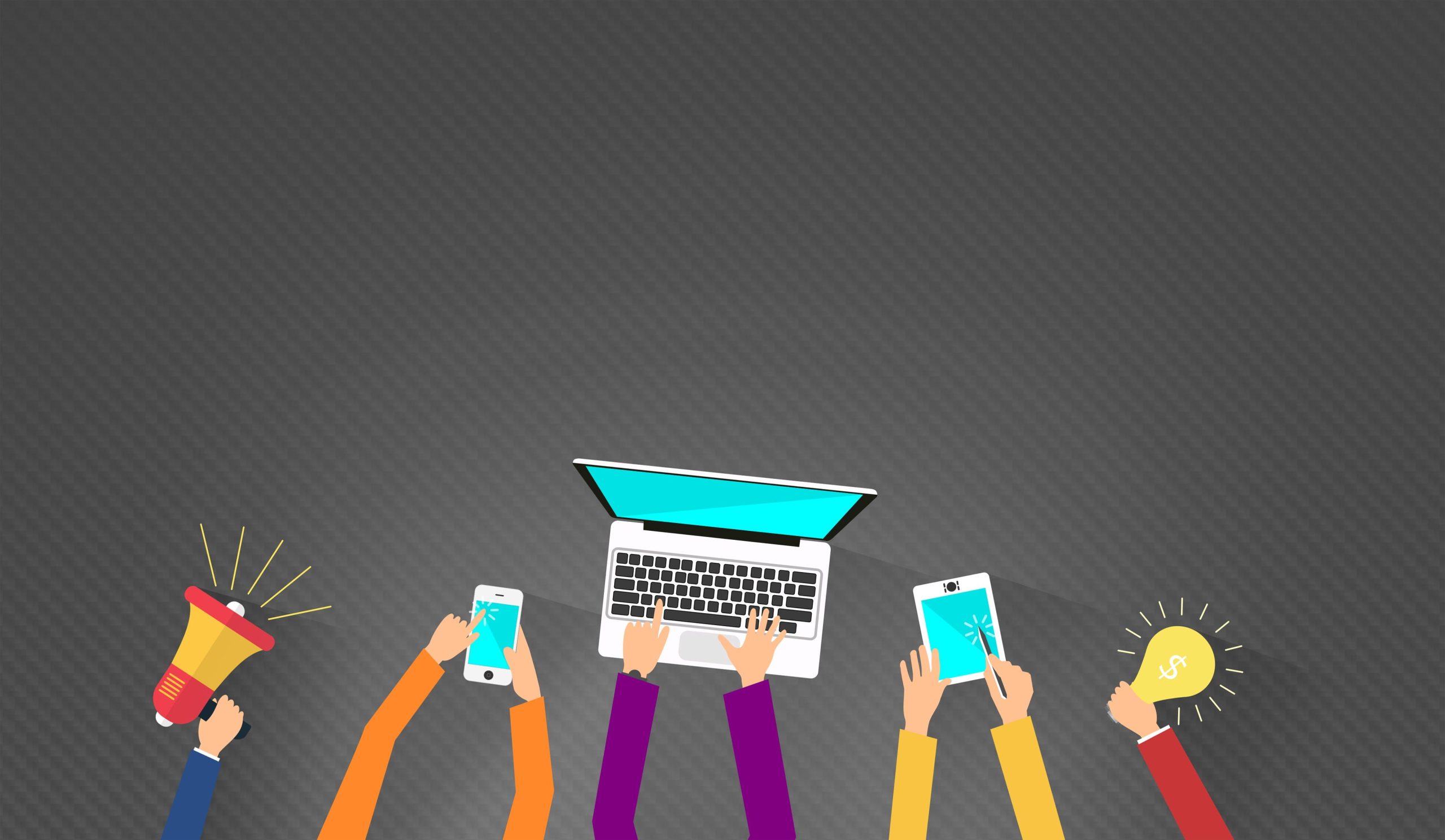 five hands representing different modes of digital marketing used by marketers